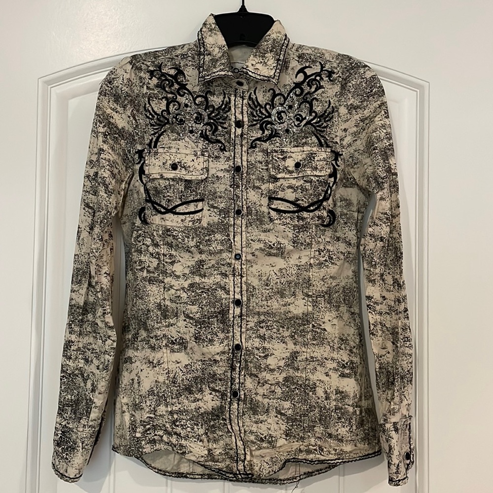 Women’s Roar Western Shirt - Size Small - Cream and Black - Snap Closure